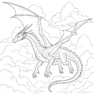 Line art of a horned dragon flying through clouds with wings spread and a long curling tail.