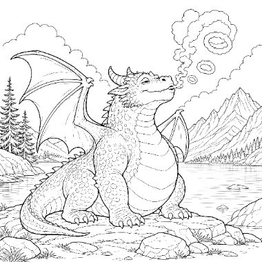 A large dragon with folded wings sits on rocks by a lake, blowing smoke rings, with mountains and pine trees behind.