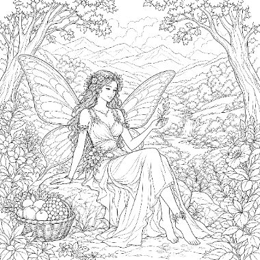 A winged fairy with flowing hair sits on a rock in a forest, holding a leaf, beside a basket of fruit.