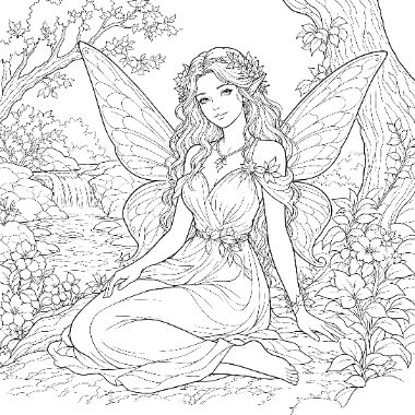 Line art of a winged fairy with long hair kneeling near trees, flowers, and a small waterfall in a forest.