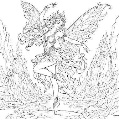 A winged fairy in a flowing dress dances on tiptoe amid rocky, flame-like terrain in an intricate line drawing.