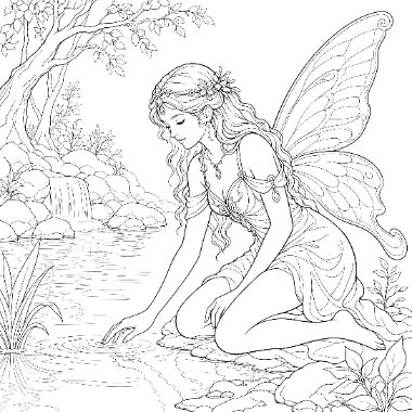 A winged fairy with long hair kneels by a pond, touching the water, surrounded by trees and rocks.