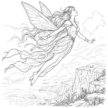 A winged fairy with long flowing hair and a flowing gown soars above rocky cliffs overlooking the sea, with clouds in the sky.