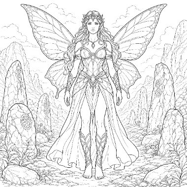 Line art of a fairy woman with large butterfly wings standing among standing stones and foliage.