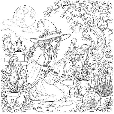 A witch in a pointed hat kneels watering potted plants in a garden with a full moon and tree behind her.