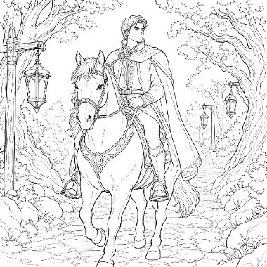 A young man in a cloak rides a horse along a stone path through a tree-lined forest with hanging lanterns.