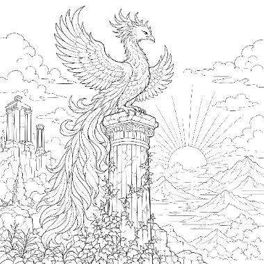 A long-tailed phoenix with outstretched wings stands atop an ornate column overlooking mountains, ruins, and a rising sun.