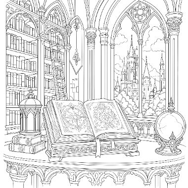 An ornate open book rests on a stand in a gothic library with tall arched windows overlooking a castle, near a globe and bookshelves.