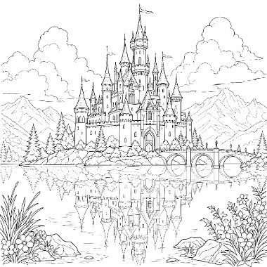 A line drawing of a fairy tale castle with many spires, surrounded by trees and mountains, reflected in a lake with a stone bridge.