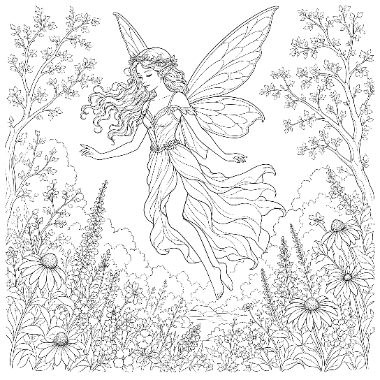 A winged fairy with long flowing hair and a flowing dress floats above wildflowers, grasses, and trees.