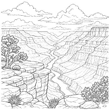 Line drawing of a deep river canyon with layered rock cliffs, trees, bushes, and clouds in the sky above.