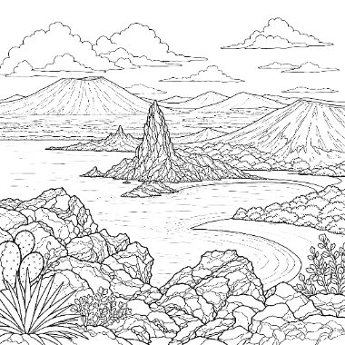 Line art of a rocky coastline with a tall rock spire, distant mountains, clouds, and cacti in the foreground.
