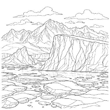 Black-and-white illustration of jagged mountains and a glacier cliff overlooking a water inlet dotted with floating ice chunks.