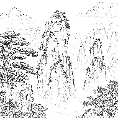 Line drawing of tall rocky mountain spires with pine trees, surrounded by drifting clouds and mist in a valley.