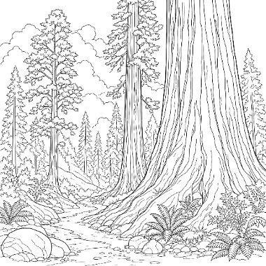 Line art of a large sequoia tree trunk beside a rocky stream, with ferns, boulders, and forest trees in the background.