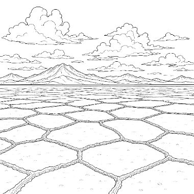 Line drawing of a cracked salt flat with hexagonal patterns stretching toward mountains under a cloudy sky.