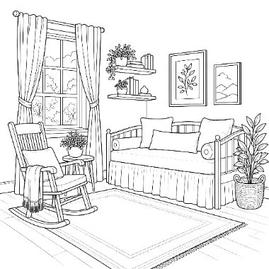 A line drawing of a bedroom with a daybed, rocking chair, window with curtains, shelves, framed art, and a potted plant.