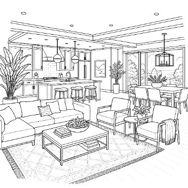 Line drawing of a living room with sofa, chairs, coffee table and rug, opening onto a kitchen with island and a dining area.