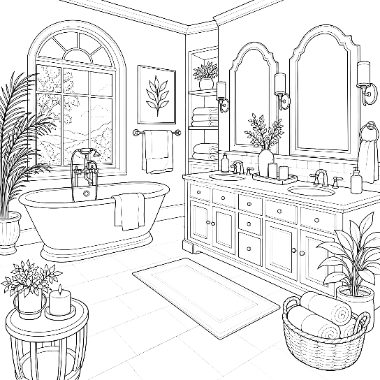 Line drawing of a bathroom featuring a clawfoot tub, arched window, double vanity with mirrors, and potted plants.