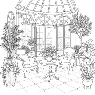 Line drawing of a domed sunroom with arched windows, two armchairs, a round table, and various potted plants.