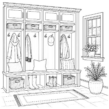 Line art of a mudroom with coat lockers, hooks holding jackets, a bench with pillows, boots below, a window, and a potted plant.