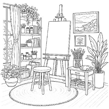Line drawing of an art studio with a blank canvas on an easel, a bookshelf, stool, plants, and a framed landscape painting on the wall.