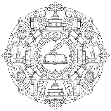 A circular mandala design featuring an open book with a quill, surrounded by stacked books, globes, candles, and ornate decorative flourishes.