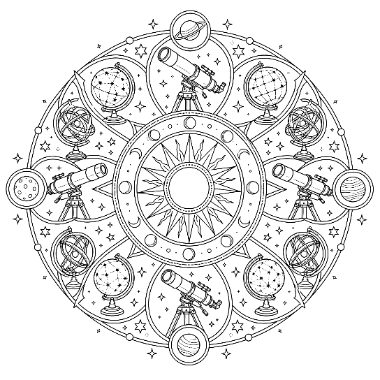 A circular mandala design featuring a central sun surrounded by telescopes, globes, planets, moon phases, and stars in a symmetrical pattern.