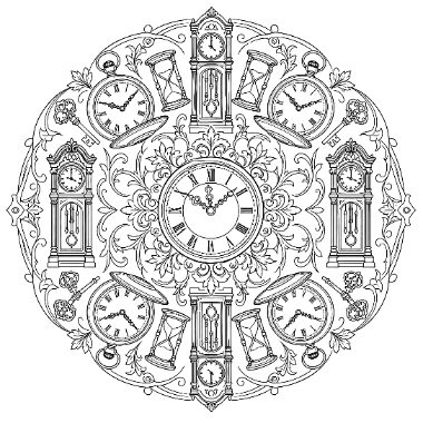 A circular mandala pattern featuring pocket watches, grandfather clocks, hourglasses, and keys arranged around a central clock face with floral decorations.