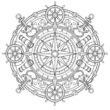 A circular design featuring a compass rose surrounded by ship wheels, anchors, and rope, forming a decorative nautical mandala.