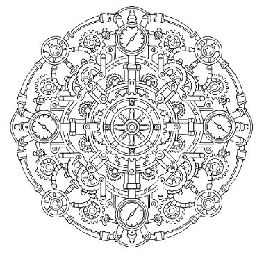 A circular mandala design made of interlocking gears, pipes, and pressure gauges arranged in symmetrical steampunk patterns.