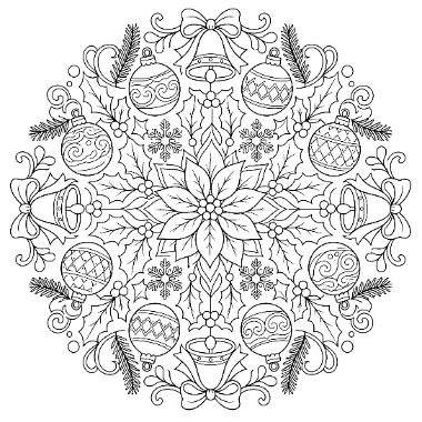 A circular mandala design featuring Christmas ornaments, bells, bows, holly leaves, snowflakes, and a poinsettia flower in the center.