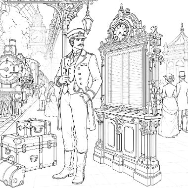 A uniformed station master stands beside stacked luggage near a large clock and departure board at a vintage train station.