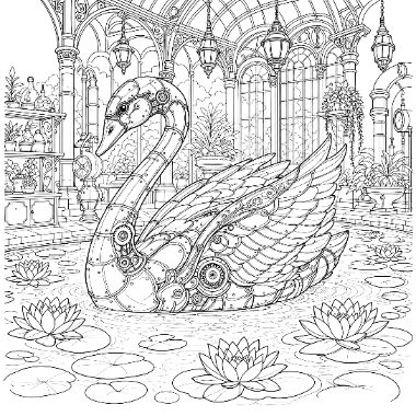 Line art of an ornate mechanical swan floating among water lilies inside a glass-domed conservatory with arched windows.