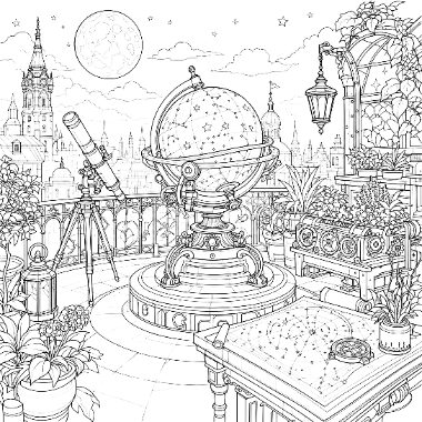 Line art of a rooftop terrace with an armillary sphere, telescope, lantern, potted plants, and a city skyline under a starry sky with the moon.