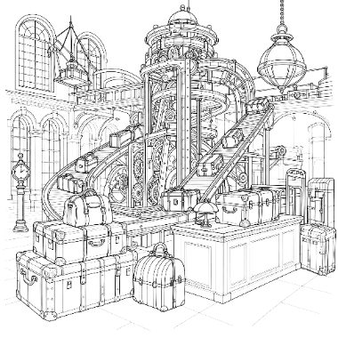 A grand station hall with spiral staircases, ornate clock towers, hanging lamps, and stacks of vintage suitcases and trunks.