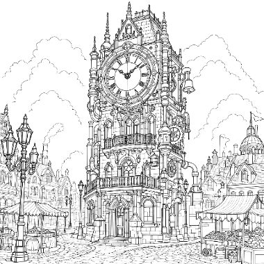 An ornate gothic clock tower rises above a cobblestone square lined with lampposts, market stalls, and old buildings.