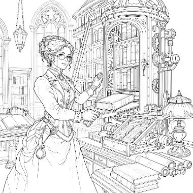 A woman in Victorian steampunk attire with goggles operates an ornate mechanical bookshelf device in a library.