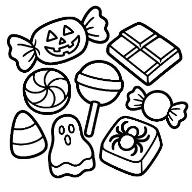 Black-and-white outline drawing of assorted Halloween candy, including a jack-o'-lantern wrapped candy, chocolate bar, lollipop, ghost, spider treat, and candy corn.