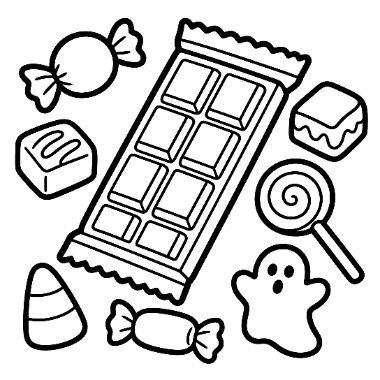 Line drawing of Halloween candies including a chocolate bar, wrapped candies, candy corn, a lollipop, and a ghost-shaped treat.