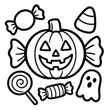 Line art of a jack-o'-lantern surrounded by candies, a lollipop, candy corn, and a ghost.