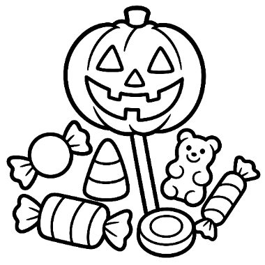 A lollipop-style jack-o-lantern surrounded by Halloween candy including candy corn, a gummy bear, wrapped candies, and a round mint.
