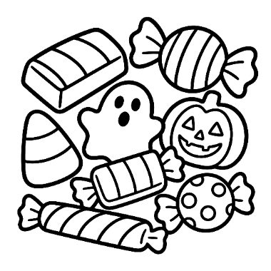 Black and white outline drawing of Halloween candies including a wrapped nougat bar, twist candies, candy corn, a ghost cookie, a jack-o'-lantern cookie, and a round dotted candy.