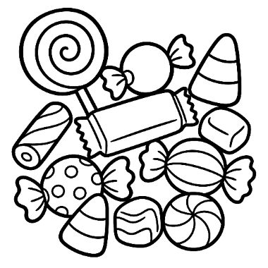 Black-and-white outline drawing of assorted candies including a lollipop, wrapped candies, candy corn, and mints piled together.