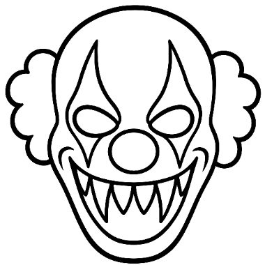 Line art of a menacing clown face with pointed eyes, a round nose, sharp teeth, and curly hair on both sides.