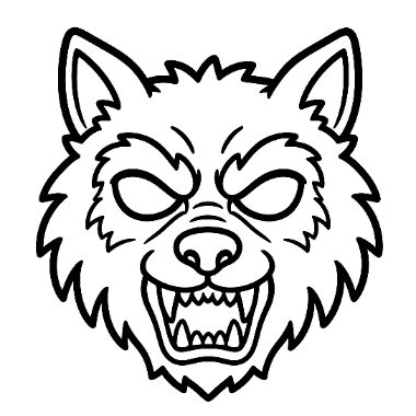 Line art of a snarling wolf head with pointed ears, sharp fangs, and a fierce expression.