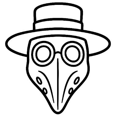 Line drawing of a plague doctor mask with round goggle eyes, a long beaked nose, and a wide-brimmed hat.