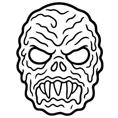 Line art of a wrinkled zombie mask with hollow eyes, a triangular nose, and sharp pointed teeth.