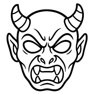 Line drawing of a menacing devil face with curved horns, pointed ears, sharp fangs, and glaring eyes.