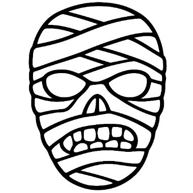 Line art of a mummy's face wrapped in bandages, with hollow eyes, a triangular nose, and bared teeth.